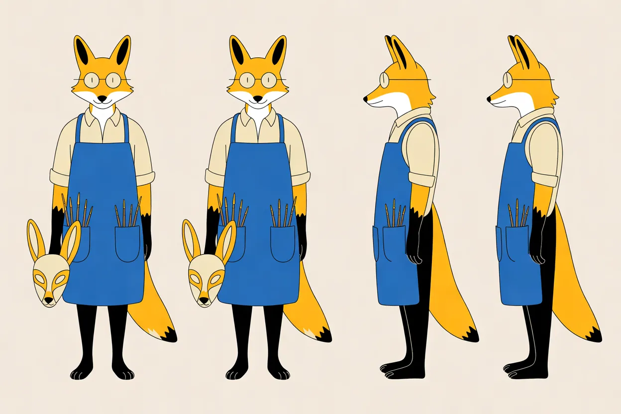The Mask-Maker character sheet on a warm cream background: an upright red fox with amber-gold fur, a white muzzle, black forearms and lower legs, a gold tail with a black tip and round spectacles, in a cream shirt with rolled sleeves and a cobalt-blue apron with paintbrushes in both pockets. It shows two identical full-body front views holding a carved cream and gold hare mask by her side, and two identical full-body side views facing left, with the same closed-mouth smile in every view.