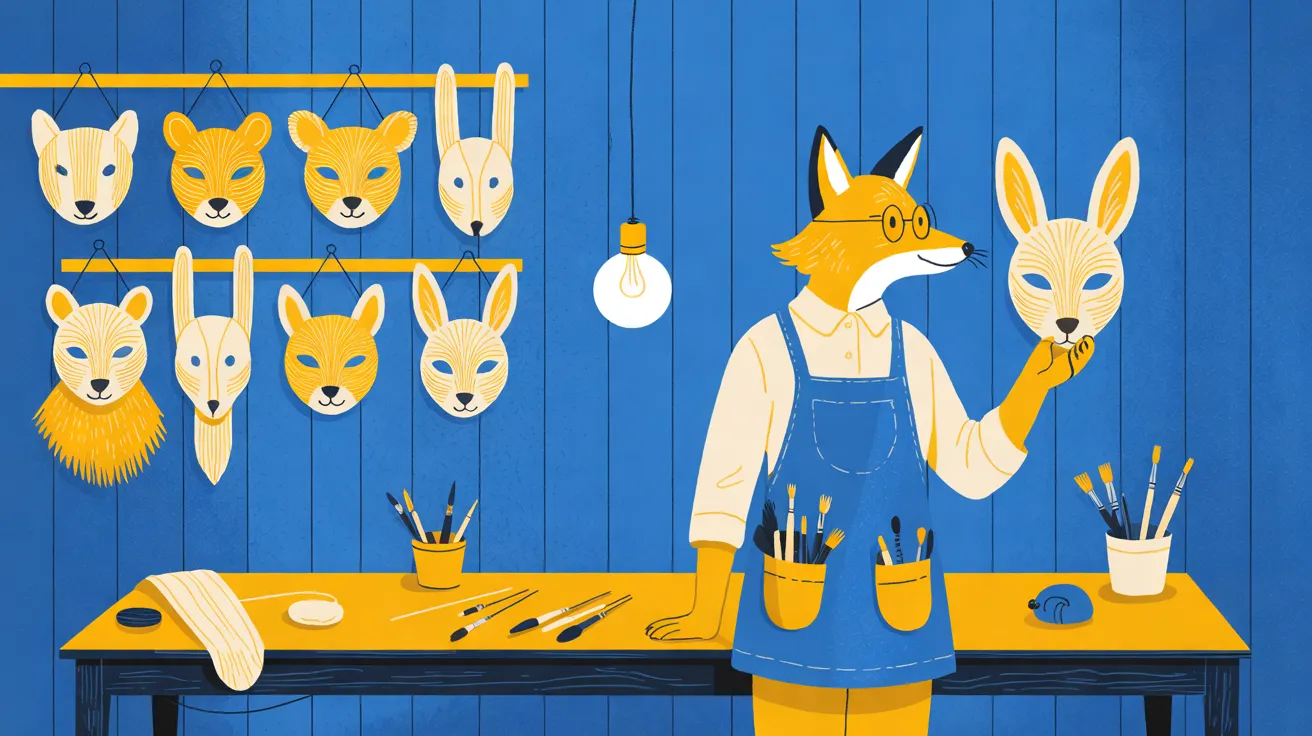 The Mask-Maker, an upright red fox with amber-gold fur, a white muzzle and round spectacles, stands right of center behind a long gold workbench, one paw resting on the bench and the other holding a carved hare mask painted cream and gold up beside her face. She wears a cream shirt with rolled sleeves under a cobalt-blue apron whose pockets are full of paintbrushes. A bare bulb hangs on a long cord to her left, and the cobalt plank wall behind her is hung with two rows of carved cream and gold animal masks, among them bears and hares, above pots of brushes and a striped cloth on the bench.