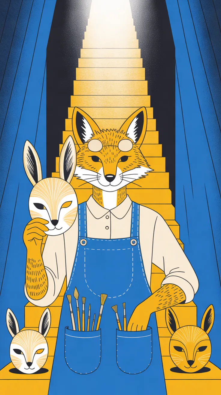 The Mask-Maker, an upright red fox with amber-gold fur, a white muzzle and round spectacles pushed up on her forehead, stands in front of a tall gold staircase that climbs to a bright light at the top, between cobalt-blue curtains. She holds a carved hare mask painted cream and gold up beside her face in one paw and rests the other paw in a pocket of her cobalt-blue apron, which is full of paintbrushes, over a cream shirt with rolled sleeves. Two more carved animal masks, one cream and one gold, sit in the lower corners.